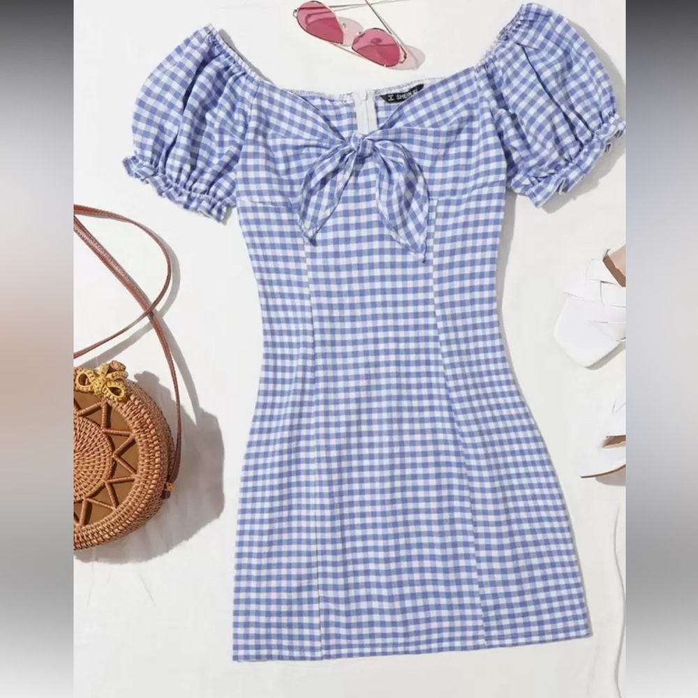 Blue Gingham Puff Sleeve Dress